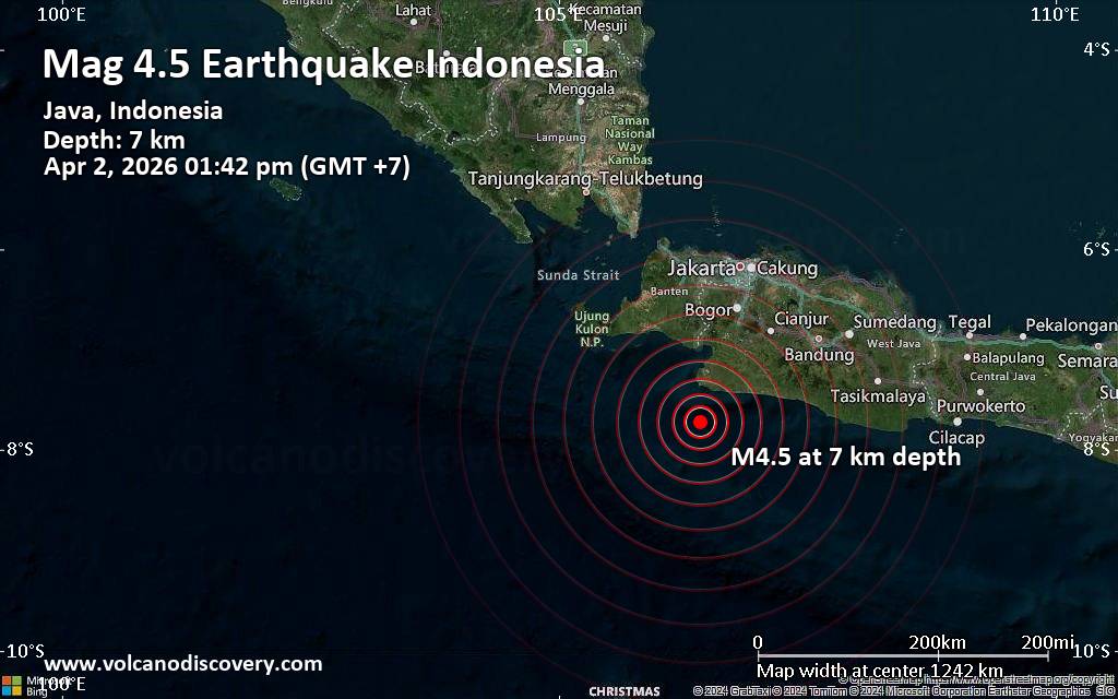 Moderate Earthquake of Magnitude 4.5 Just Reported 84 km South of Pelabuhanratu, Indonesia